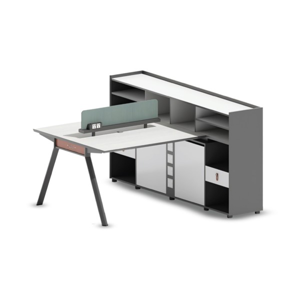 meja kerja dua orang berhadapan yang dilengkapi high cabinet